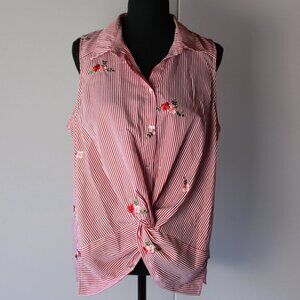 Sleeveless Pinstripe Floral Embroidered Shirt